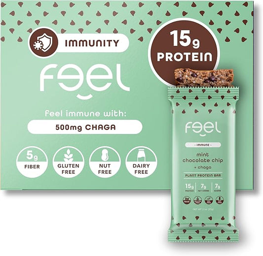 Feel Vegan Protein Bars | Mint Chocolate Chip | Keto | Gluten Free | Organic | Chaga Mushroom | 15g Plant Protein | Low Carb | High Protein | Dairy Free | Low Sugar | Grain Free | Nut Free | Soy Free