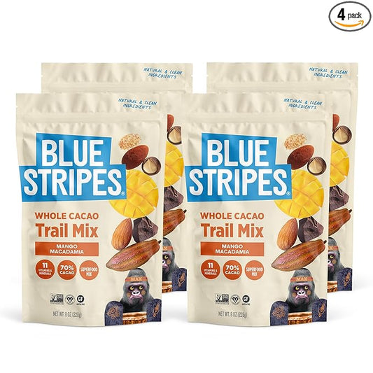 Blue Stripes - Trail Mix, 70% Chocolate Chips, Almonds, Macadamia Nuts, Mango, Healthy Snacks for Adults, Whole 70% Cacao, With Unrefined Sugar, Non GMO, Gluten Free, Vegan - 4 Pack, 8 oz