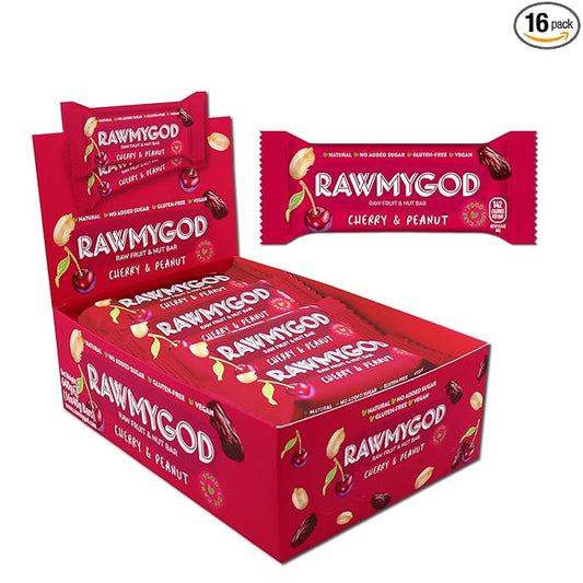 RAWMYGOD Fruit and Nut Bars, Gluten Free, Vegan, No Added Sugar (16 bars, Cherry & Peanut)