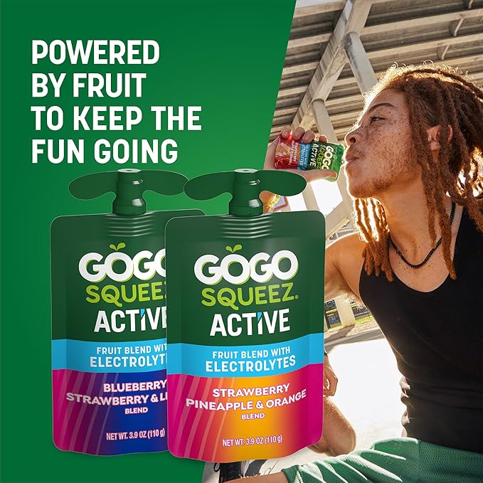 GoGo squeeZ Active Fruit Blend with Electrolytes | 18-Count Variety Pack | Blueberry Strawberry Lemon & Strawberry Pineapple Orange | Made with Real Fruit and Antioxidants Vitamin A, E, & C