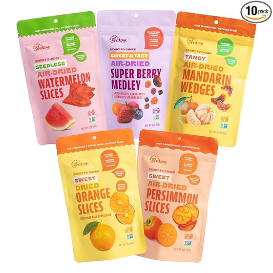 Whitney Jordan Naturals Air-Dried Fruit Variety Pack 2 Oz, Pack of 10 - Dried Fruit Snack with Watermelon, Persimmon, Orange, Super Berry Medley & Mandarin - No Sugar Added, Gluten-Free, Vegan