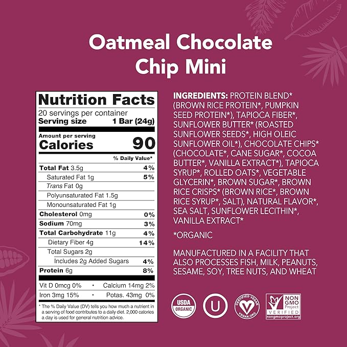 ALOHA Organic Plant Based Protein Bar MINIS | Oatmeal Chocolate Chip | GLP-1 Friendly, 20 Count, 24g Bars | Vegan, Low Sugar, Gluten Free, Low Carb, Non-GMO, No Stevia, No Soy, No Sugar Alcohols