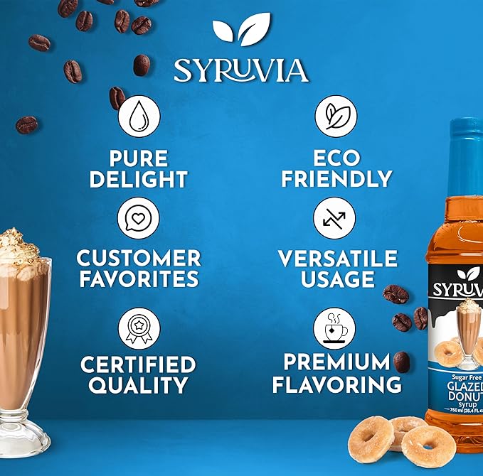 Syruvia Sugar Free Coffee Syrup, Glazed Donut Flavored Syrup for Drinks, Lattes, and Desserts – 25.4 fl oz