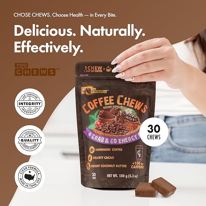 YouChews Coffee Chews - Grab & Go Energy with 100mg per Chew of Clean, Green Caffeine. With Real Organic Ingredients, Low Sugar, Great Bold Taste & Long Lasting Energy Boost (Pack of 2)