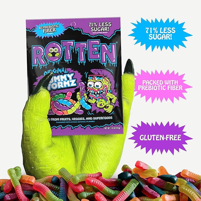 Rotten Original Gummy Worms - Low Sugar, Low Calorie, 7g Gut-Friendly Prebiotic Fiber and 3g Protein, Gluten Free Candy - 1.8 oz - 8-Pack