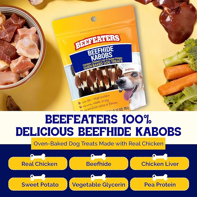 Beefeaters Beefhide 28oz Triple Flavor Kabobs Dog Treats with Real Chicken, Liver & Sweet Potato – Long-Lasting Dog Kabob Treats for Chewing, Dental Support*, Flavor-Packed Treats - Training Rewards