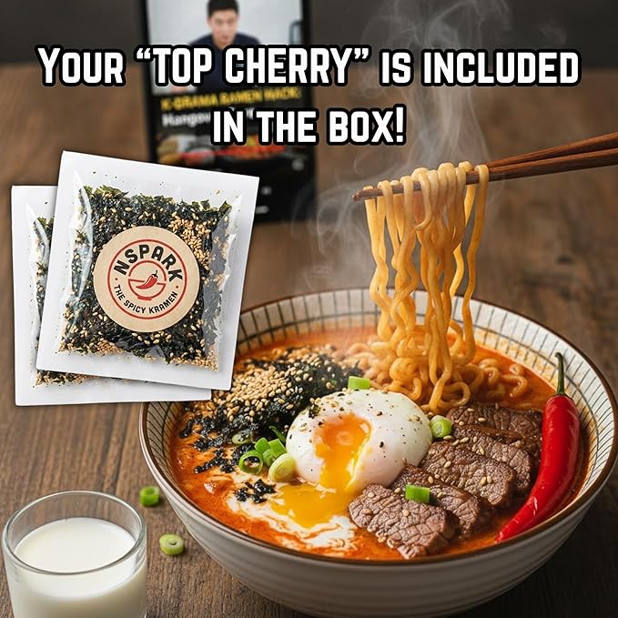 NSPARK FLAMING KRAMEN Spicy Ramen Variety Pack (10 Packs) | 5 Famous Flavors & (10) Sesame Seaweed Topper | (10 Individual Wrap Heavy Fork) Ultimate Korean Style Spicy Noodle Challenge 30 Item Count | Asian Instant Ramen Student Care Package Bundle