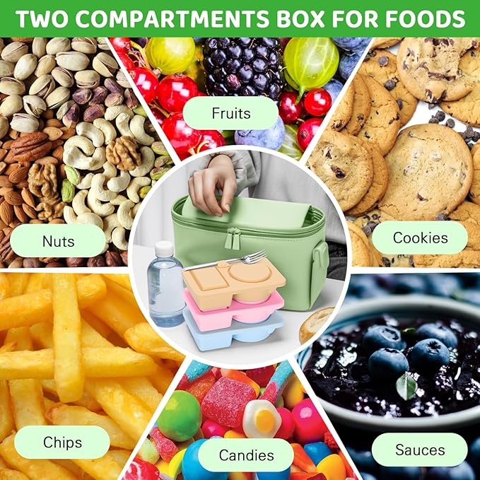 3 PCS Reusable Silicone Snack Containers with Lids Double Compartment Snack Box Container for Food Traval Teens Adults (Pink&Yellow&Blue, 3P)