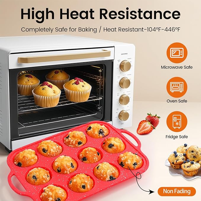Fimary Silicone Muffin Pans for Baking, with Metal Reinforced Frame, Dishwasher Safe BPA Free Nonstick Silicone Cupcake Pan 12 Cups for Baking Homemade Muffins, Cupcakes - 2 Pack