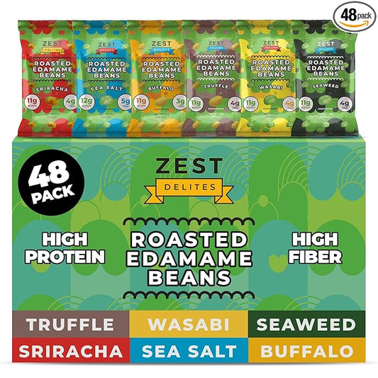 Edamame Snack by Zest Delites, 26g x 48 Packs, Healthy High Protein Snacks Bulk, Keto, Low Carb, Low Calorie, Sea Salt, Sriracha, Buffalo, Truffle, Seaweed, Wasabi