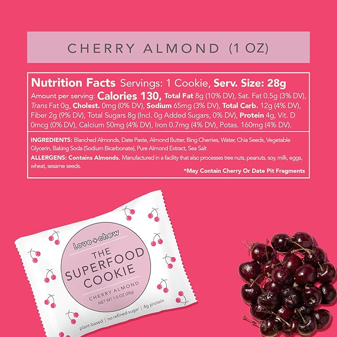 Love + Chew Superfood Soft Baked MINI Cookies, Banana Bread & Cherry Almond, Plant Based Cookie With Almonds, Fruit, & Chia Seeds for Kids & Adults, Vegan Snacks, Gluten Free, Paleo, Non GMO, 16 Pack
