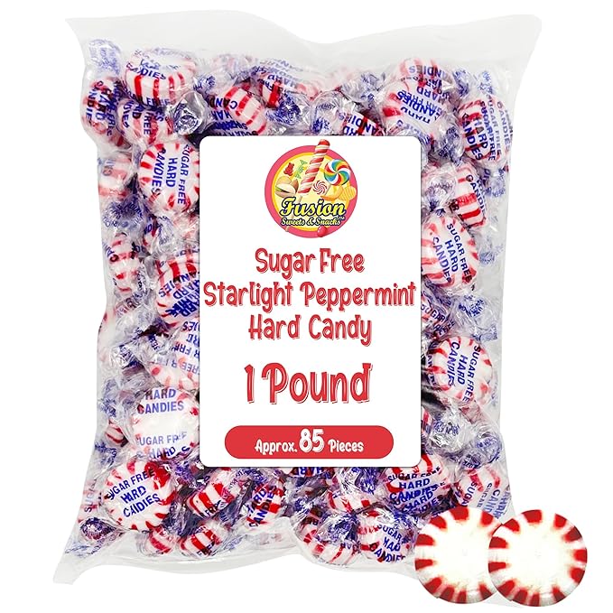 Sugar Free Peppermint Starlight Candy - 1 Pound Bulk Bag (Approx 90 Count) - Individually Wrapped - Valentines Day & Christmas Peppermint Mints- Keto & Diabetic Friendly Sugarless Hard Candy