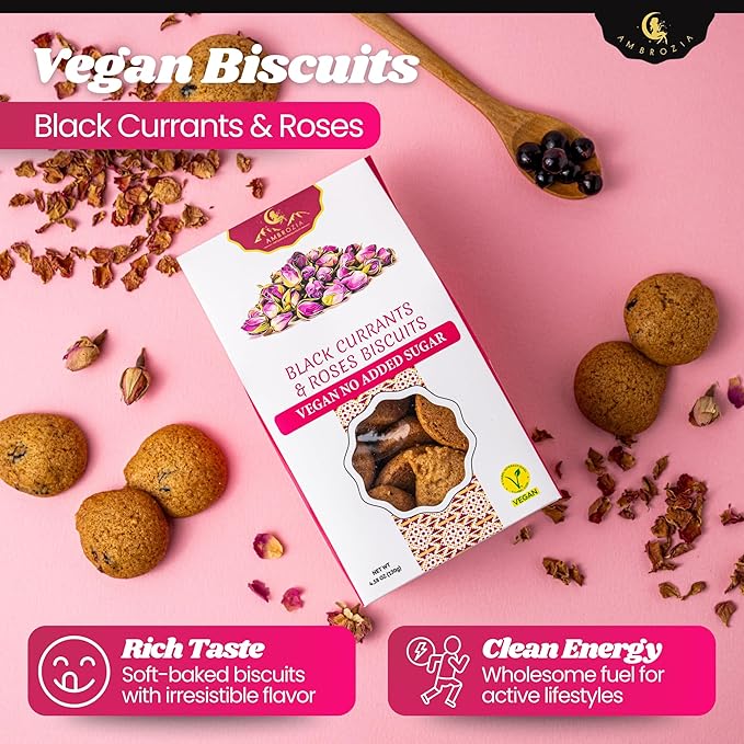 Ambrozia Vegan Snack Biscuits – Blackcurrant & Rose - Soft Baked, No Added Sugar, Clean Label, High Fiber & Wholesome Ingredients, Kid-Friendly, Healthy Snacks for Active Lifestyles, 4.58 Oz