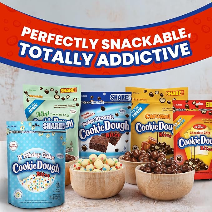 Cookie Dough Bites Variety Pack | 10.5 oz (Pack of 5) | Chocolate Chip, Birthday Cake, Caramel, Fudge Brownie, Mint | Original Edible Cookie Dough Movie Theater Candy
