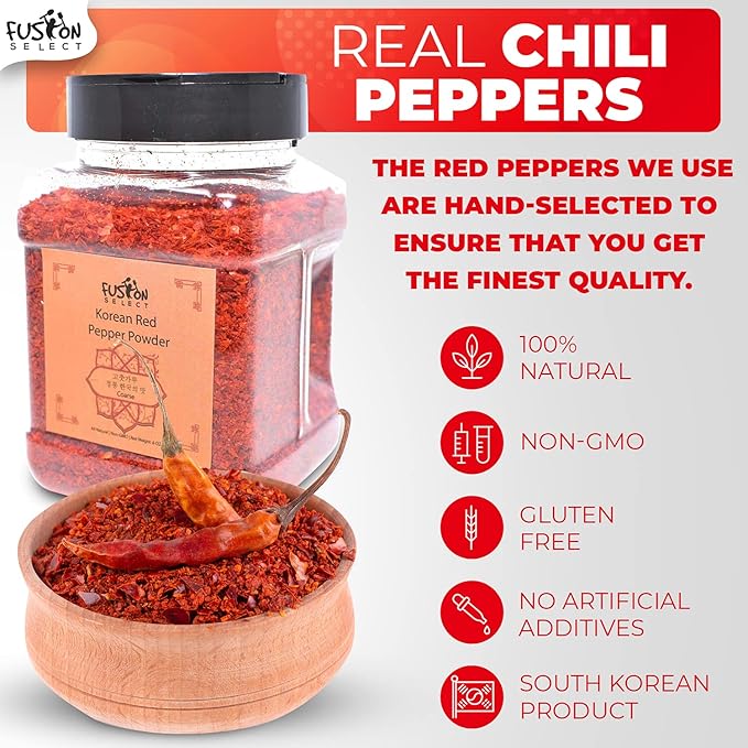 Fusion Select Korean Premium Non-GMO Gluten Free Red Chili Pepper Flakes Powder, Crushed Red Pepper Premium Gochugaru For Kimchi Seasoning, Chicken, Pork, Fish, Vegetables Hot Pepper Flakes (6 Oz Jar)