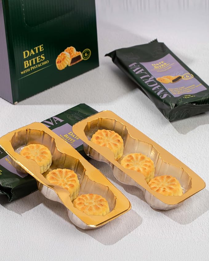 Snacklava Pistachio Date Bites - 6 Pack (18 Pieces) - Pistachio and Date Filled Maamoul Shortbread Cookies - No Artificial Ingredients, Colors or Preservatives