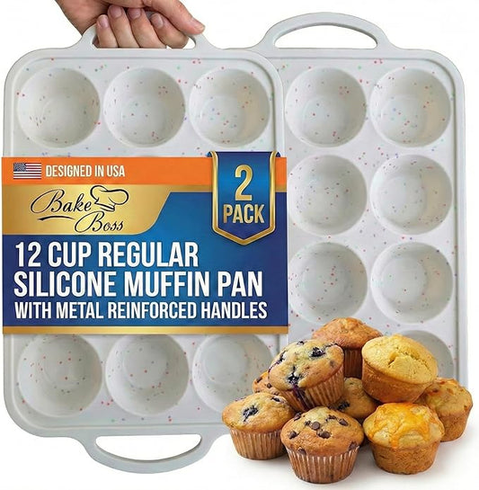 BAKE BOSS 2-Pack Silicone Muffin Pan for Baking with Metal Reinforced Frame, 12 Cup Regular Size Cupcake Pan, BPA Free Silicone Muffin Tray, Cupcake Baking Pan Molds for Oven Dishwasher Safe