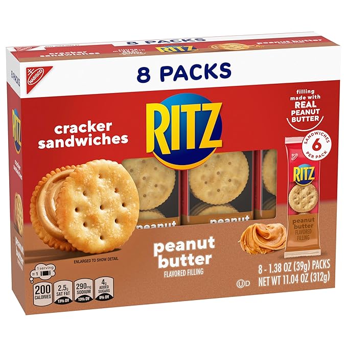 RITZ Peanut Butter Sandwich Crackers, Lunch Snacks, 48 Snack Packs (6 Boxes, 6 Crackers Per Pack)
