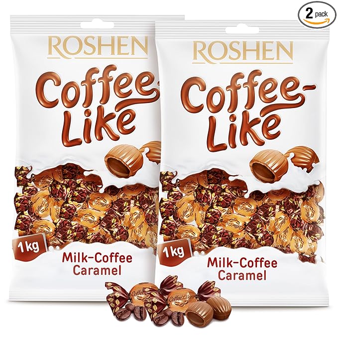 Roshen Coffeelike Caramel Candy, Coffee-Milky Filled, 2.2 lb (1kg) Bulk Pack, Soft Caramel with Natural Coffee Extract, Smooth Shell & Creamy Dairy Filling, Individually Wrapped Candies, Kosher, Halal pack of 2