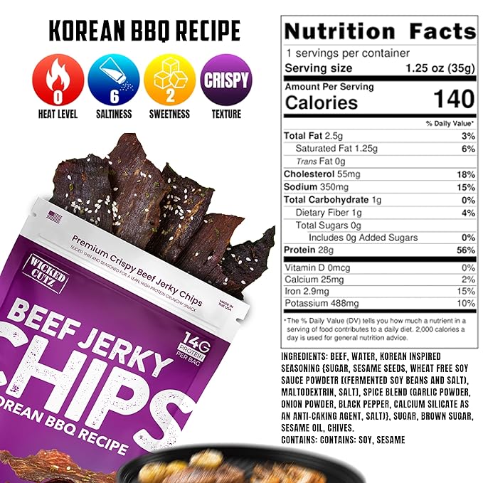 Wicked Cutz Korean BBQ Beef Jerky Chips, 14g Protein per Bag, Crispy & Crunchy Beef Jerky Crisps, USA Made Barbeque Flavored Chips, High Protein Carnivore Snacks (4 Bags)