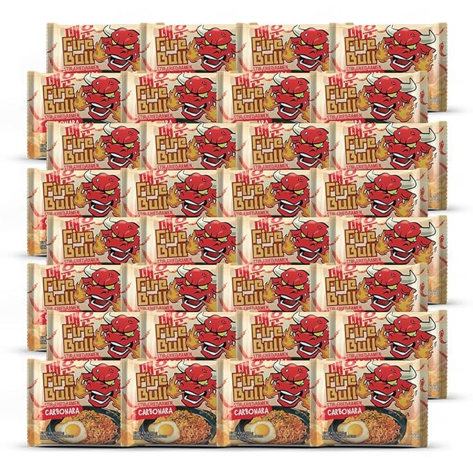 [Fire Bull Ramen] Intense Spicy Carbonara Stir-Fried Ramen | Authentic Korean Heat Meets Flavorful Delight | Thick, Chewy Noodle (1 Case, 32 Pouches)