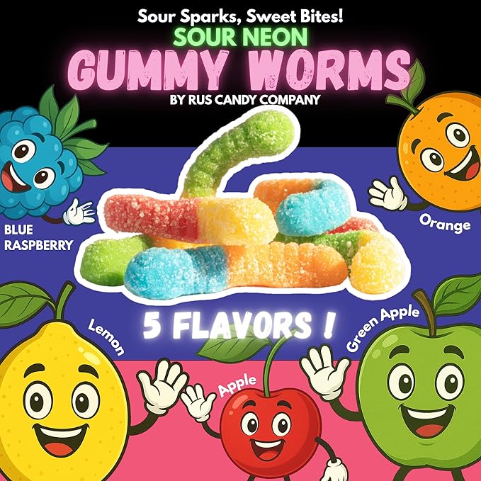 Sour Neon Gummy Worms – 1 Pound Bag | R.U.S. Candy Company | Tangy, Fruity, Chewy Candy | Bright & Fun Party Treats, Snack Bags, Movie Night, Birthday & Holiday Candy (1 Pound)