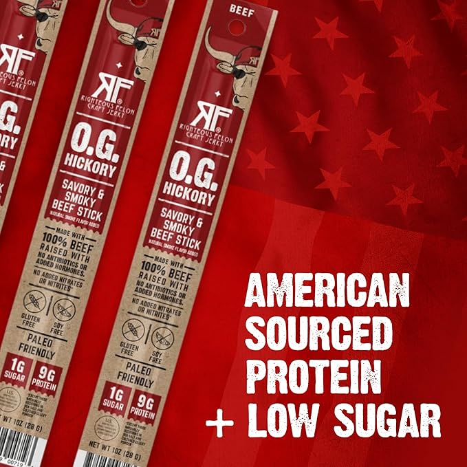 Righteous Felon Meat Sticks | 100% Grass Fed Beef | Keto, Gluten-Free, Low Sugar, High Protein Healthy Snacks | Valentines Day Jerky Gifts for Men | OG Hickory Beef Sticks, 24 Count
