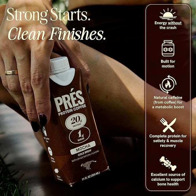 Prés - Protein Coffee - High Protein - Real Cold Brew - 20g Protein - 1g Sugar - 100 Calories - No Added Sugar - Coffee - Protein - 11 FL OZ - 12 Pack (Variety - Original, Mocha, Vanilla)