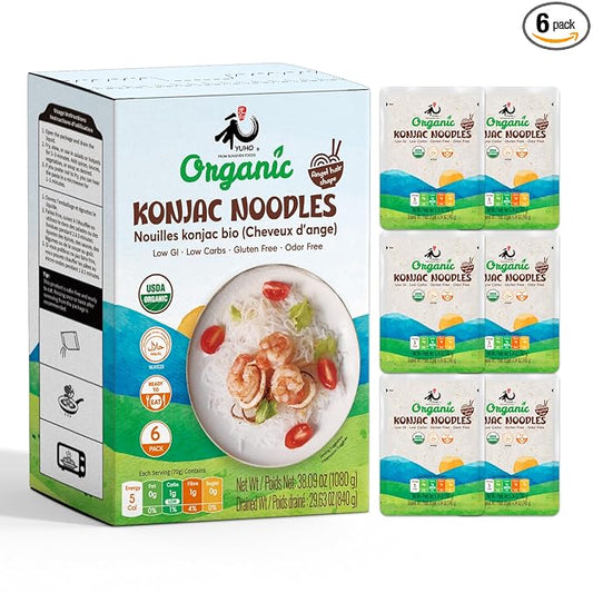 YUHO Organic Konjac Shirataki Noodle, Low Carb Pasta 38.09 Oz (1080 g), Angel Hair, USDA Organic Healthy Spaghetti (6 Pack Inside), Keto and Paleo Friendly, Low Calorie, Sugar Free, Vegan, Ready to Eat