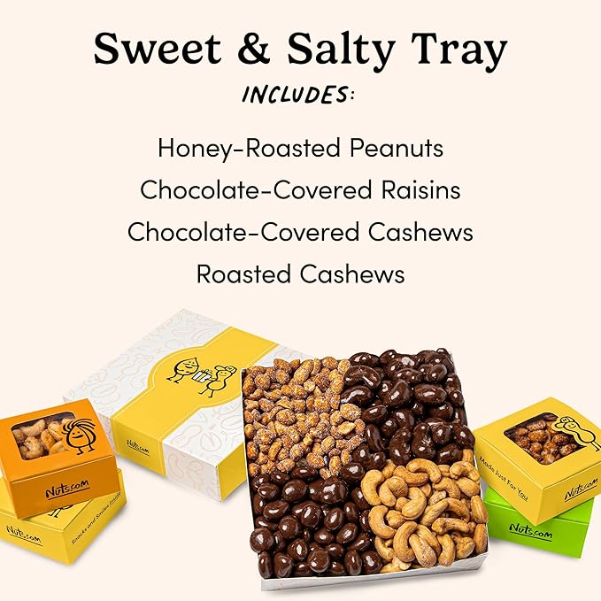 Nuts.com – Sweet and Salty Gift Tray for Winter, Valentine's Day and Festive Gifts — Healthy Snack Sampler Box, 1.25 Lbs of Roasted Cashews, Peanuts, Chocolate-Covered Raisins