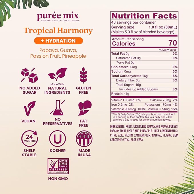 Smartfruit Tropical Harmony + Aloe – 100% Real Fruit Purée with Pineapple, Passion Fruit, Papaya & Guava – Great for Smoothies, Juice, Yogurt, Cocktails, Teas – High in Vitamin A & C – 2-Pk, 48oz Each