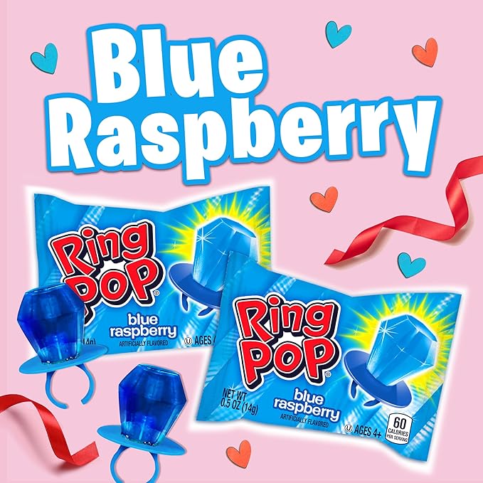 Ring Pop Blue Candy, 30 Ct Individually Wrapped Bulk Lollipop Pack, Blue Raspberry Flavored Lollipop Suckers for Kids, Fun Candy Bulk for Valentine's Gifts, Goodie Bags, Party Favors