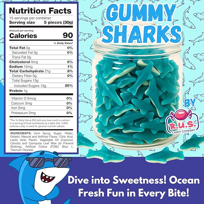 Blue Gummy Sharks- 1 Pound Bag | R.U.S. Candy Company | Chewy Fruity Candy | Fun Ocean-Themed Treats for Parties, Candy Buffets & Movie Nights (1 Pound)