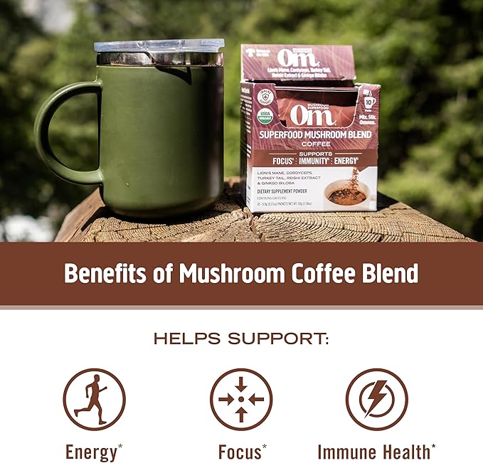 OM MUSHROOM SUPERFOOD Instant Coffe – Organic Arabica with Lion’s Mane, Cordyceps, Reishi, Turkey Tail & Ginkgo Biloba – Supports Energy, Focus & Mental Clarity – Single Serve Pack (10 Count)