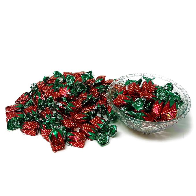 Strawberry Hard Candy Filled With Real Fruit Pulp - 1 lbs - Strawberry Flavored Bon Bons Filled with Real Strawberry Pulp - American Vintage Candy Snack Assortment - Individually Wrapped, 16 oz.