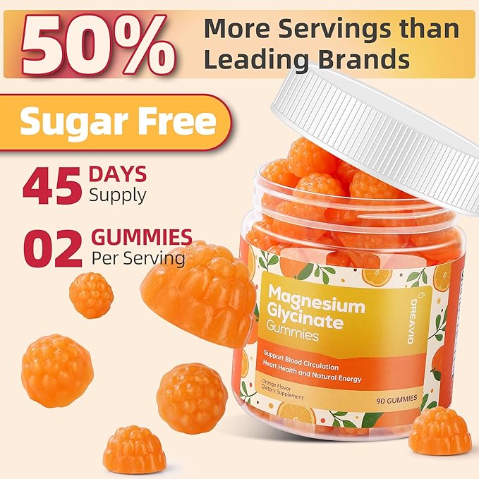 DREAVIO 90 Count Magnesium Glycinate Gummies 400mg w/Ashwagandha Supplement - Sugar Free Zinc Magnesium Glycinate Supplement Ashwagandha Gummies for Adults Orange Flavor
