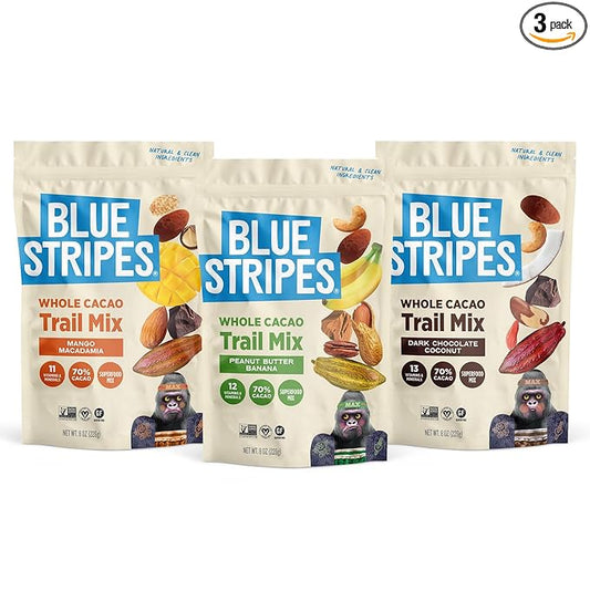 Blue Stripes - Trail Mix, Peanut Butter Banana, Dark Chocolate, Coconut, Nut Mix, Healthy Snacks for Adults, Variety Pack, Whole 70% Cacao, Unrefined Sugar, Non GMO, Gluten Free, Vegan - 3 Pack, 8 oz