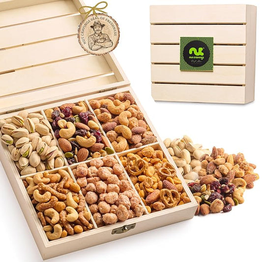 NUT CRAVINGS - Valentines Day Mixed Nuts Gift Basket in Reusable Wooden Crate (12 Assortments) Treats for Adults, Food Arrangement, Healthy Snack Care Package, Kosher