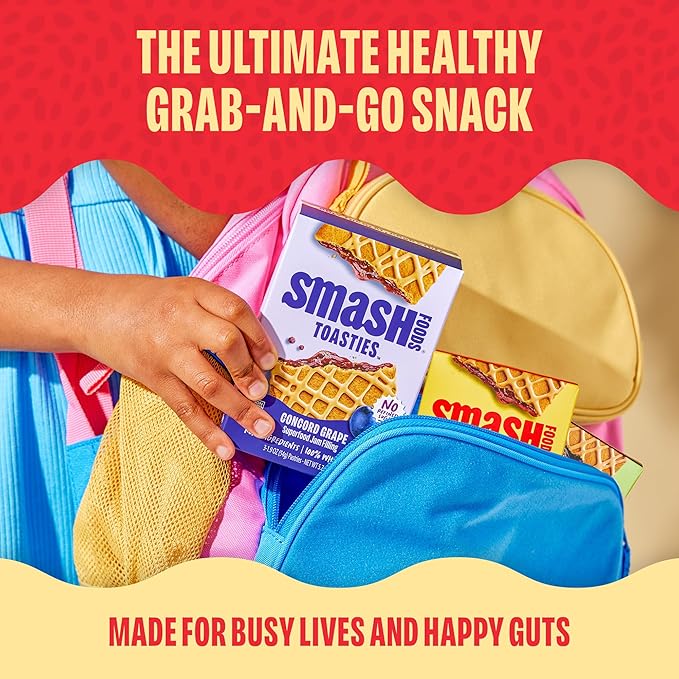 Smash Foods Toasties Variety 3 Pack – Healthy Whole Wheat Toaster Pastries Strawberry, Blueberry, Grape – No Refined Sugar, Real Fruit Filling – 9 Pastries Total – Non-GMO, Simple Real Ingredients (Variety)