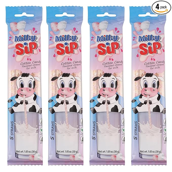 20 Milky Sip Cotton Candy Flavored Straws For Milk - 4 Packs of Milk Flavoring Straws, 5 Straws in Each. Magical Cotton Candy Flavor Makes Children Eager, Want and Love to Drink Milk