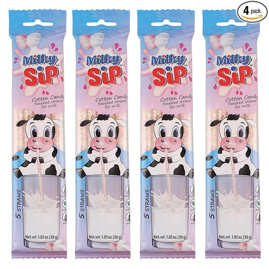 20 Milky Sip Cotton Candy Flavored Straws For Milk - 4 Packs of Milk Flavoring Straws, 5 Straws in Each. Magical Cotton Candy Flavor Makes Children Eager, Want and Love to Drink Milk