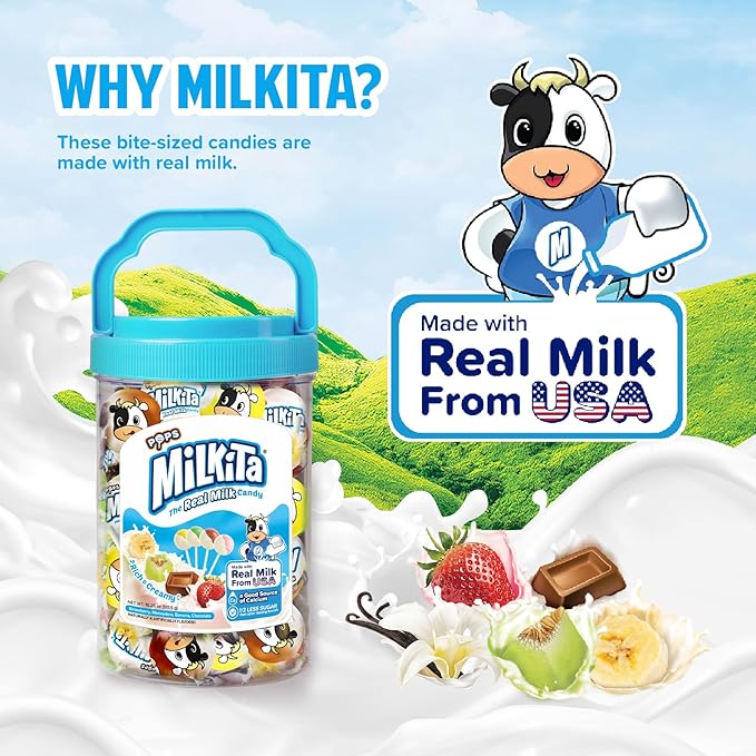 Milkita The Real Milk Candy Lollipop Jar – Low-Sugar, Assorted Healthy Sweets with Real Milk for Kids & Adults – Fat Free & Gluten Free Candy with Calcium for Everyday Indulgence (45 Count Jar)