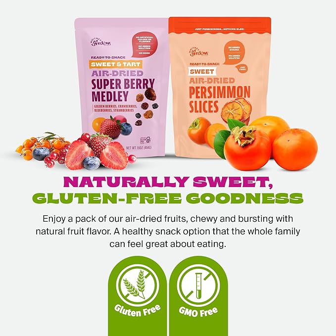 Whitney Jordan Naturals Air-Dried Fruit Variety Pack 16 Oz, Pack of 2 - Super Berry Medley & Persimmon Slices - Gluten-Free, Non-GMO, Vegan Snack - Real Fruit for Clean Snacking