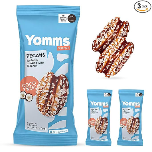 Yomms Coco Twist Glazed Whole Pecan Halves, 3.9 oz (3 Pack), Gluten-Free & Non-GMO Healthy Dessert Snacks – Low Sugar Coconut & Crunchy Candied Nut Pouches – Gourmet Roasted Snacking Pecans – 1.3oz Grab-and-Go Bags
