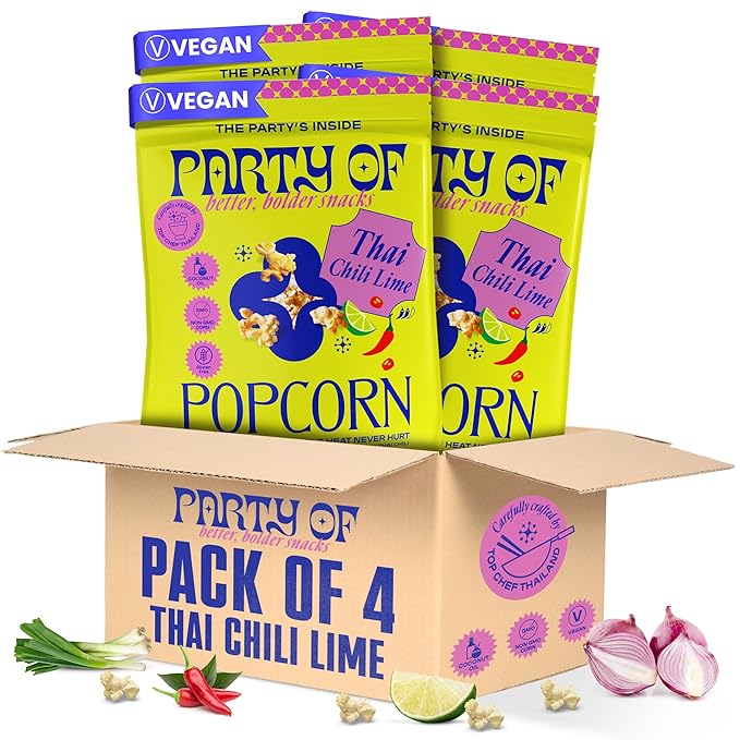 Party of Thai Chili Lime Popcorn Snack – Savory Citrus Heat with Spicy Kick – Gluten-Free, Veggie-Based, Healthy Snack – Individually Wrapped for Easy Snacking – Full Size Box of 4 – Chili Lime