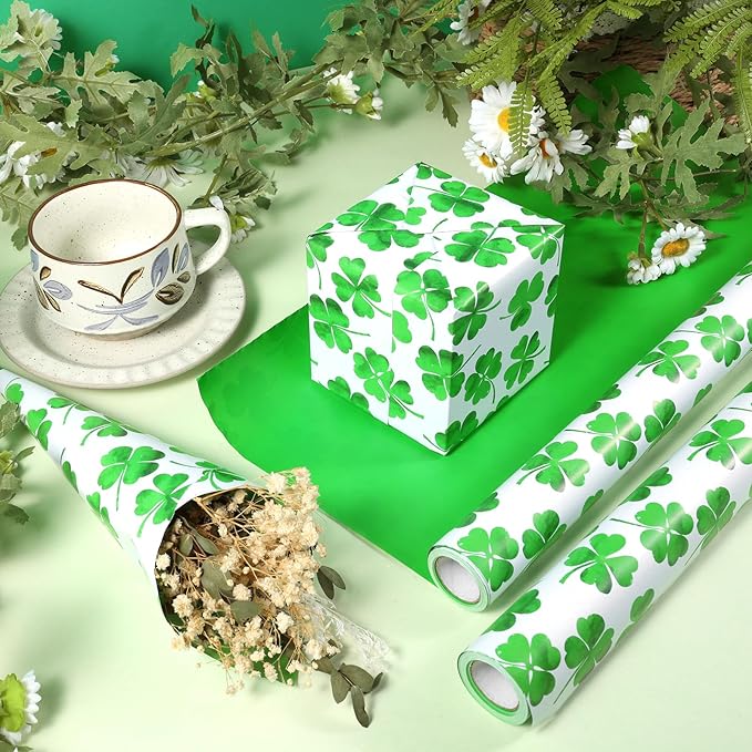 Fabllewavi 1 Roll Shamrock Wrapping Paper Mini Roll - 17in x 32.8Ft Reversible Green Clover Pattern Gift Wrap Paper for St. Patrick's Day DIY Crafts Irish Party Supplies