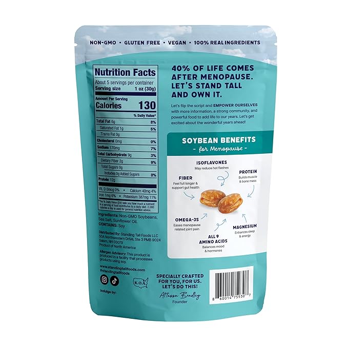 Standing Tall Roasted Soybean Snack, Sea Salt Flavor – Crunchy High-Protein Soybeans, 12g protein, 2g fiber, 0g sugar, Plant-Based Vegan Snack, Gluten-Free, Non-GMO, 3 Count Multi-Pack, 5oz Each