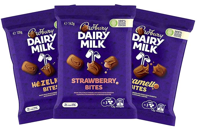 Cadbary Chocolate Bites Bulky Pack Candy for Parties & Gifts (1 Caramell - 1 Strawberry - 1 Hazelmut)