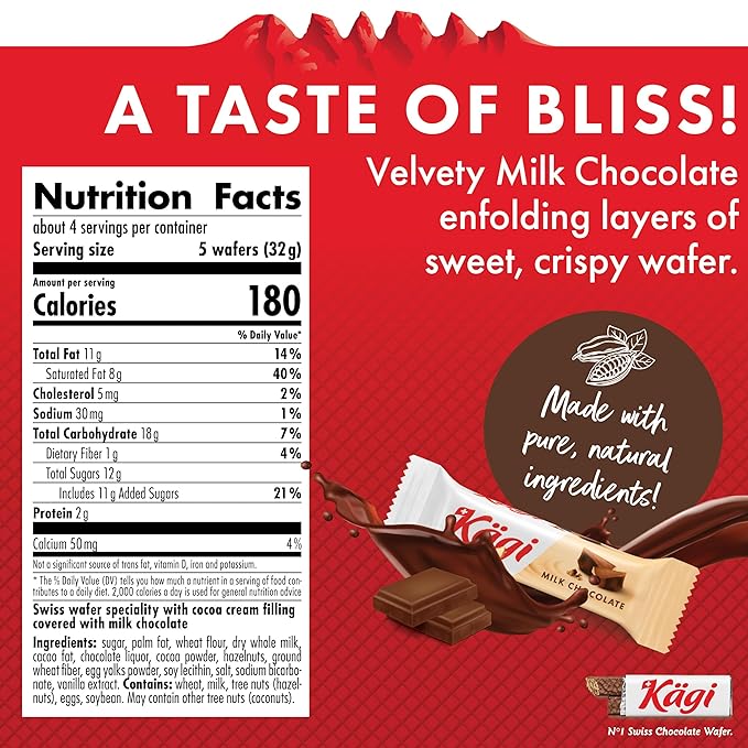 Swiss Milk Chocolate Covered Mini Wafers by Kägi, Crispy Coated Sweet Snacks, Premium Individually Wrapped Treats, Chocolate, Classic Kägi, 125g Bags
