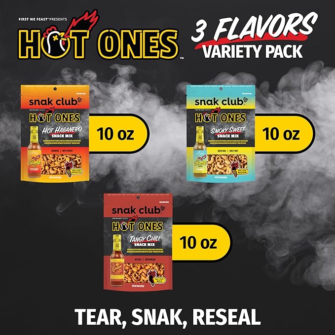 Snak Club x Hot Ones Snack Mix, Hot Habanero, Sweet Smoky, and Tangy Chili, Spicy Snacks with Peanuts, Pretzels, Sesame Sticks, Toasted Corn, Cashews, Vegan Snack, 10 oz Resealable Bags, 3 Pack
